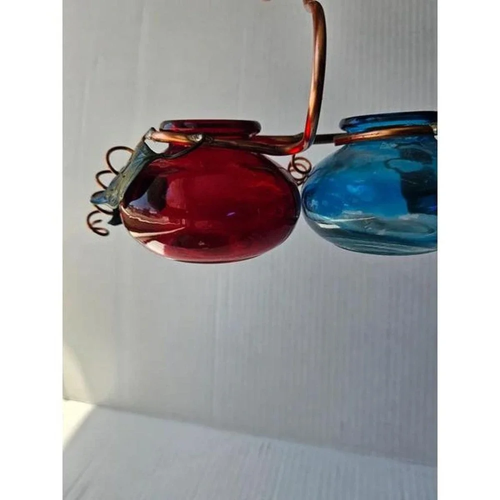 Artisan handcrafted double glass hummingbird hanging feeder copper cottagecore